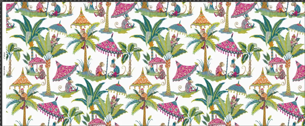 Stampa giardino con scimmie, palme e parasoli — Antonella Bravi